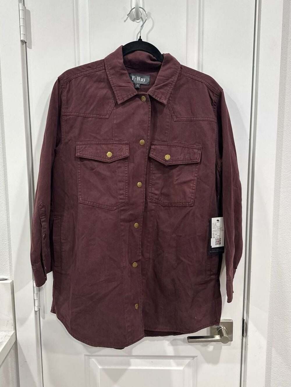 F-Way Burgundy Western Style Snap-Front Canvas Shacket